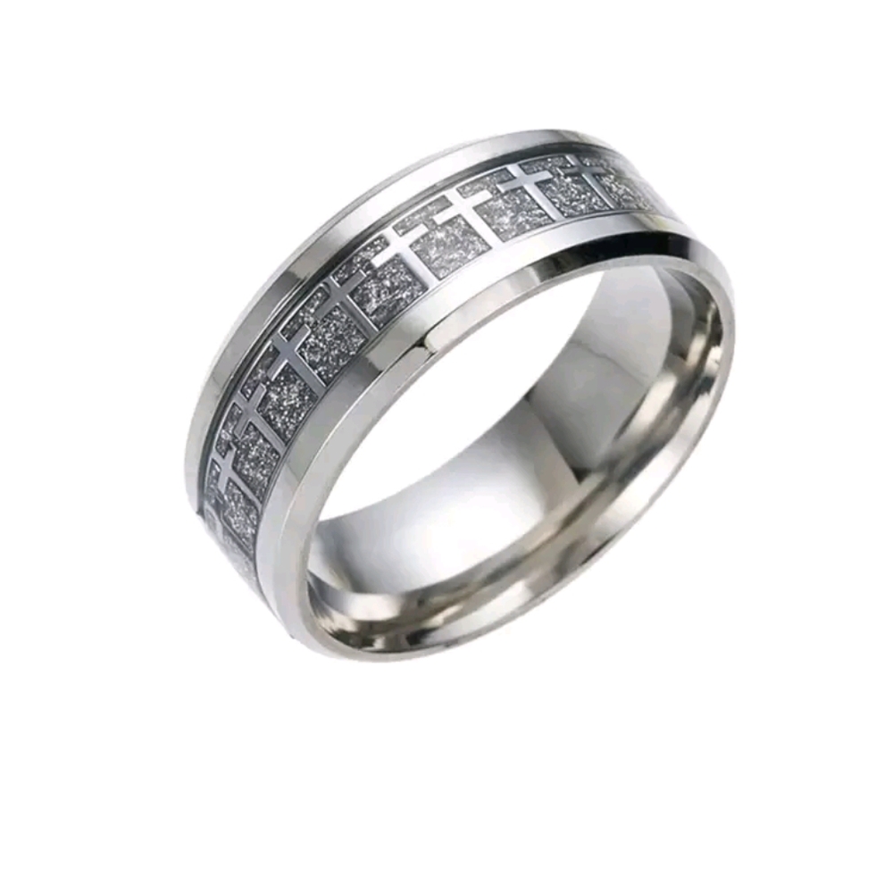 Stainless Steel Men's Wedding Ring With Crosses Inlayed Size 10